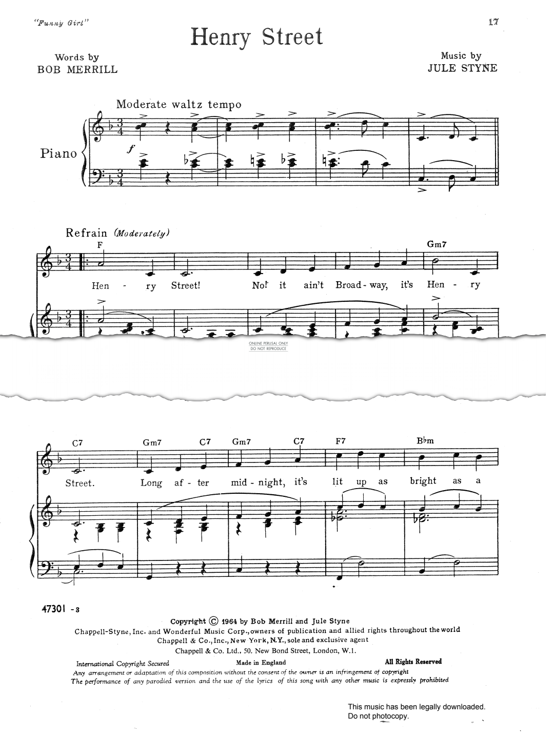 Product gallery: Page 1 of 1 Henry Street (from 'Funny Girl'), Jule Styne