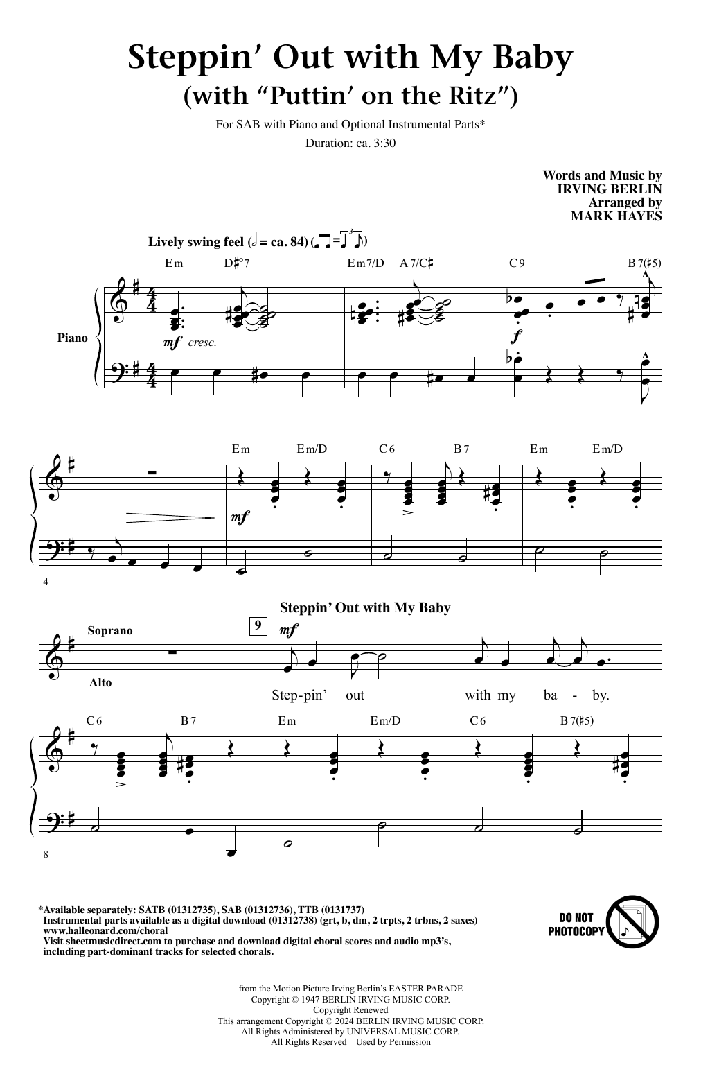 Product picture to: Steppin' Out With My Baby (with "Puttin' On The Ritz") (arr. Mark Hayes)