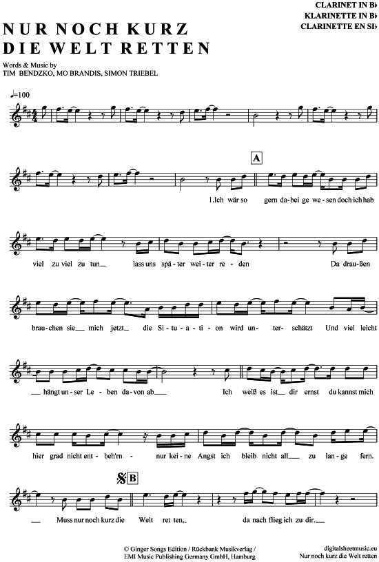 Product gallery: Page 1 of 4 Nur noch kurz die Welt retten , Bendzko, Tim, Clarinet in B-flat