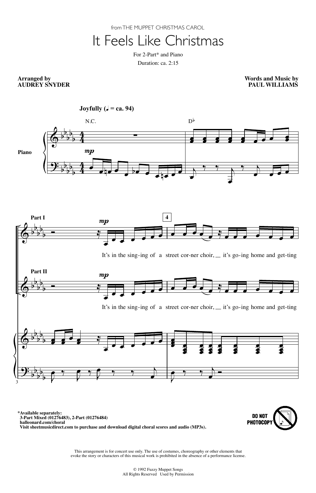 Product picture to: It Feels Like Christmas (from The Muppet Christmas Carol) (arr. Audrey Snyder)