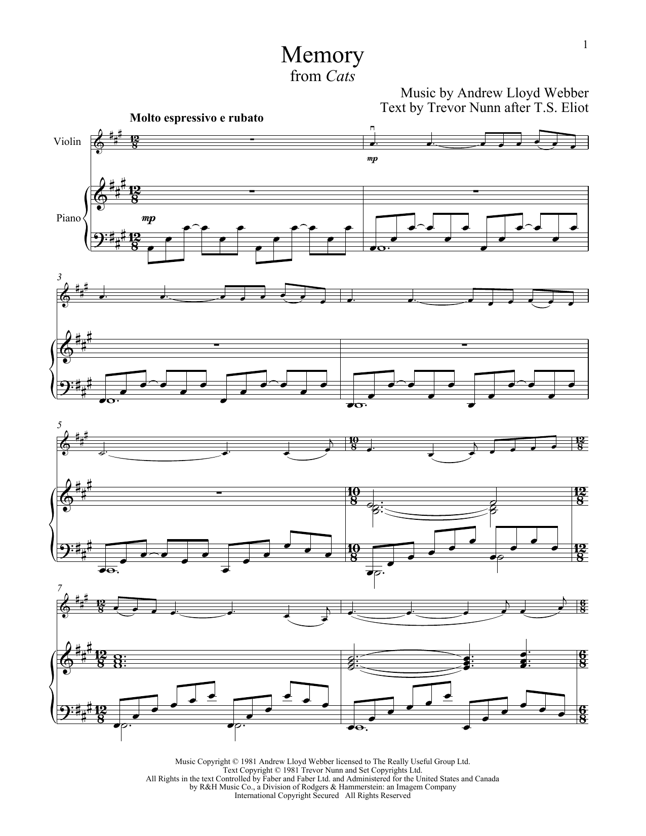 Product gallery: Page 1 of 1 Memory (from Cats), Andrew Lloyd Webber