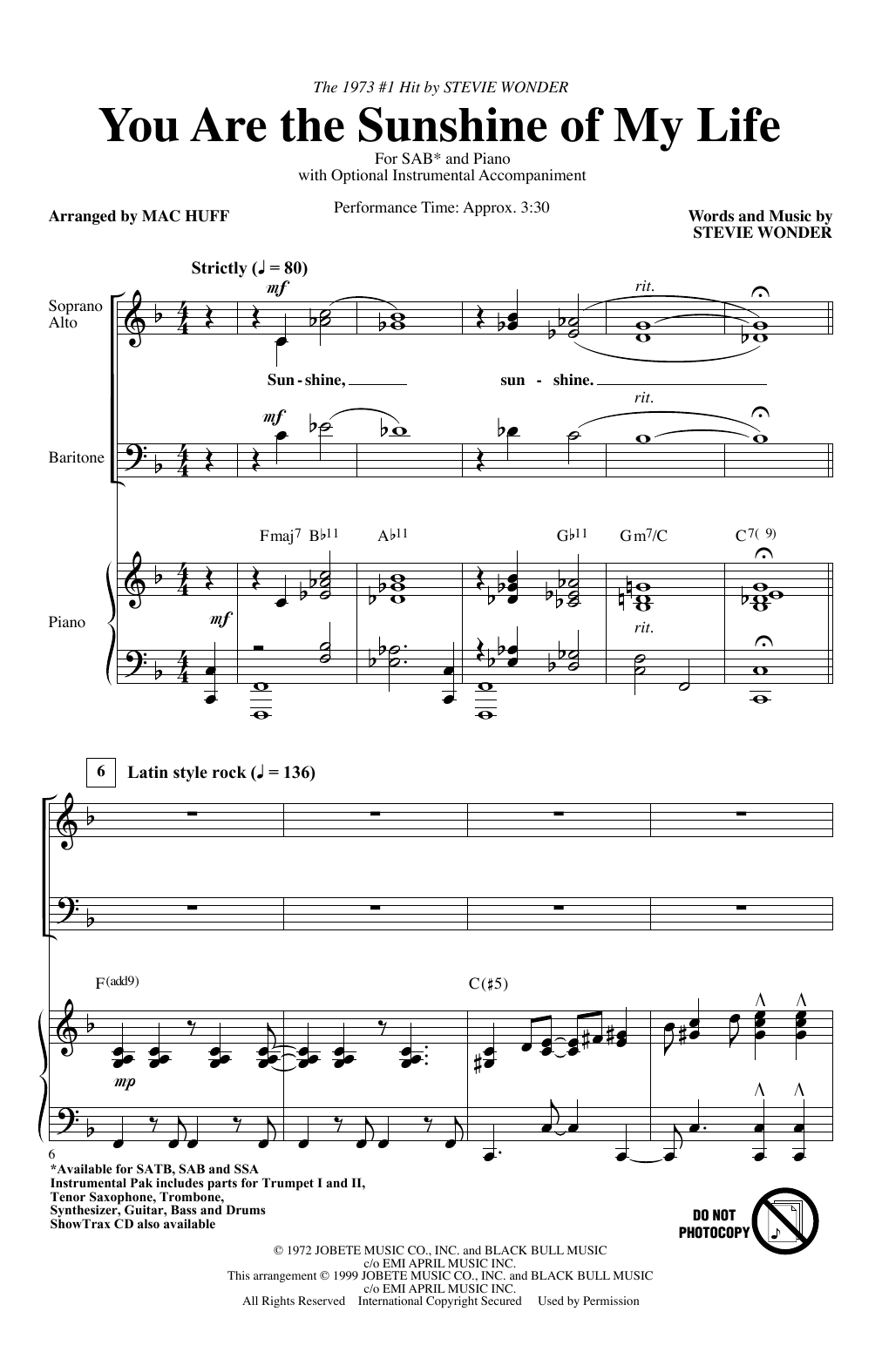 Product gallery: Page 1 of 1 You Are The Sunshine Of My Life (arr. Mac Huff), Stevie Wonder