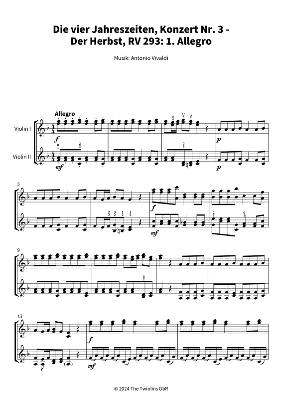 Produktgalerie: Seite 1 von 10 Die vier Jahreszeiten, Konzert Nr. 3 - Der Herbst - 1. Allegro, The Twiolins, (Duett 2x Vioine)