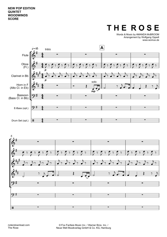 Produktgalerie: Seite 1 von 11 The Rose, Midler, Bette, Holzbläser Quintett/Ensemble/Band/Chor E-Bass & Drum Set opt.
