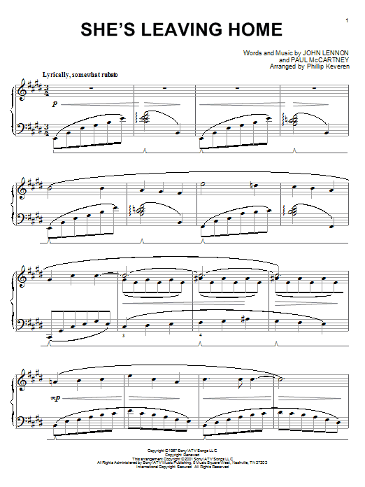 Product gallery: Page 1 of 1 She's Leaving Home (arr. Phillip Keveren), The Beatles