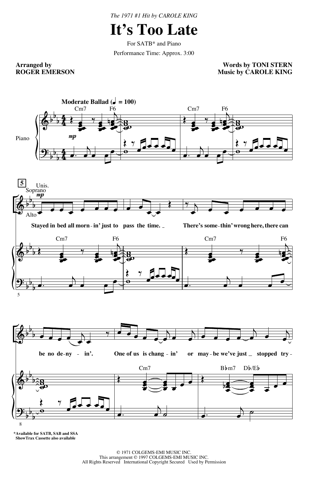 Product picture to: It's Too Late (arr. Roger Emerson)