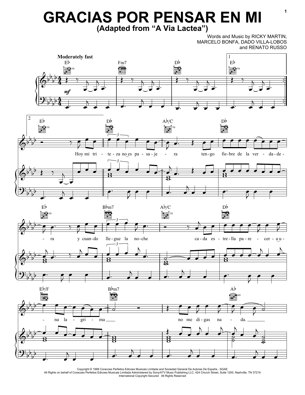 Produktgalerie: Seite 1 von 1 Gracias Por Pensar En Mi (Adapted from "A Via Lactea"), Ricky Martin, Gesang, Gitarre, Klavier