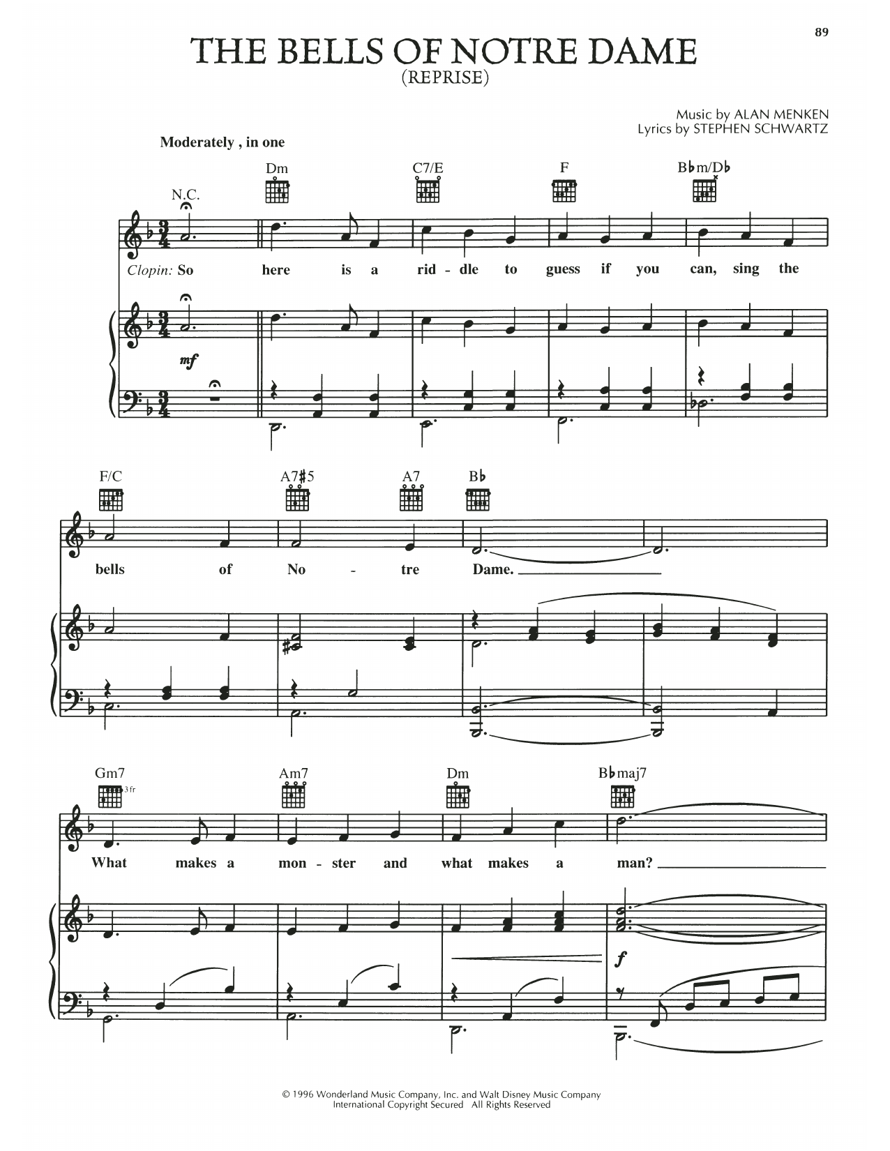 Produktgalerie: Seite 1 von 1 The Bells Of Notre Dame (Reprise) (from The Hunchback Of Notre Dame), Stephen Schwartz, Gesang, Gitarre, Klavier