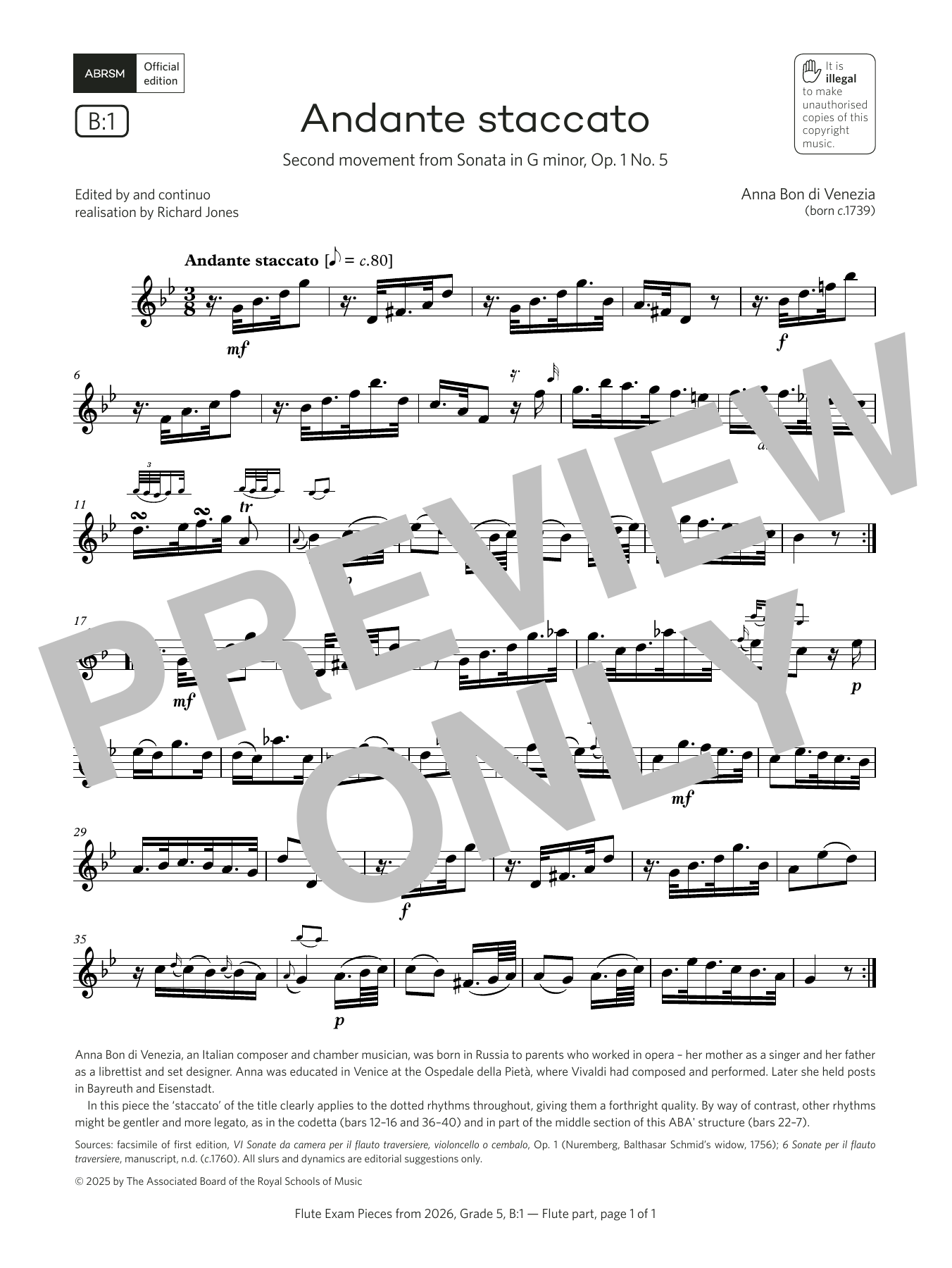 Product gallery: Page 1 of 1 Andante staccato (Grade 5, list B1, from the ABRSM Flute Syllabus from 2026), Anna Bon di Venezia