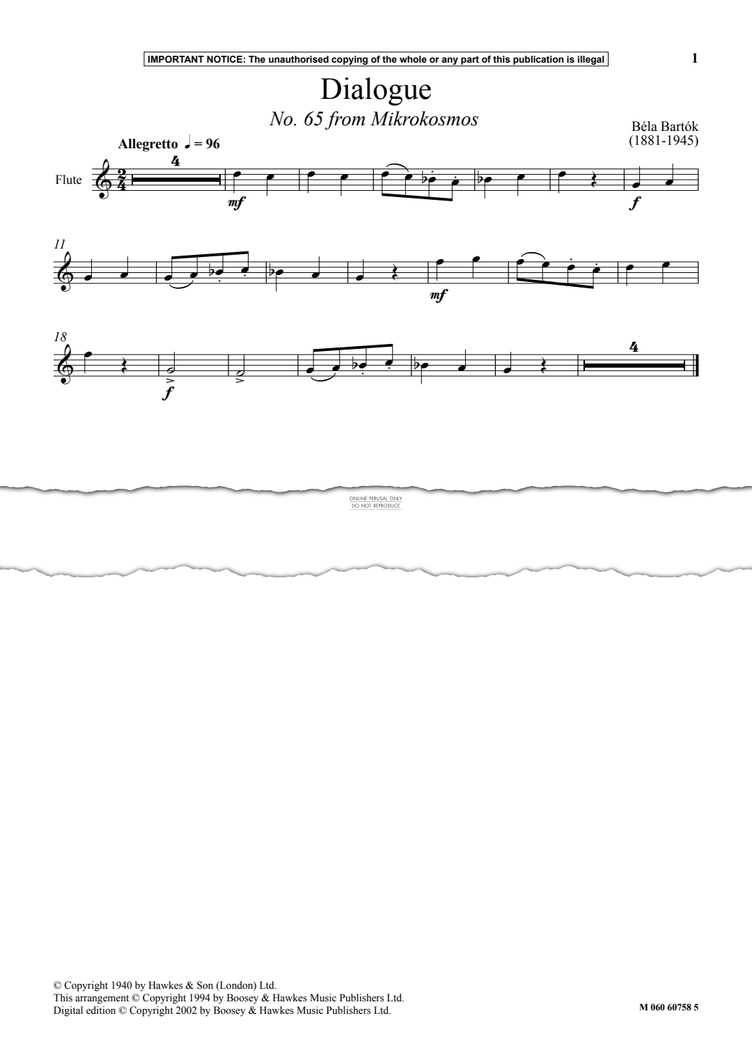 Produktgalerie: Seite 1 von 1 Dialogue (No. 65 from 'Mikrokosmos'), Bela Bartok, Flöte