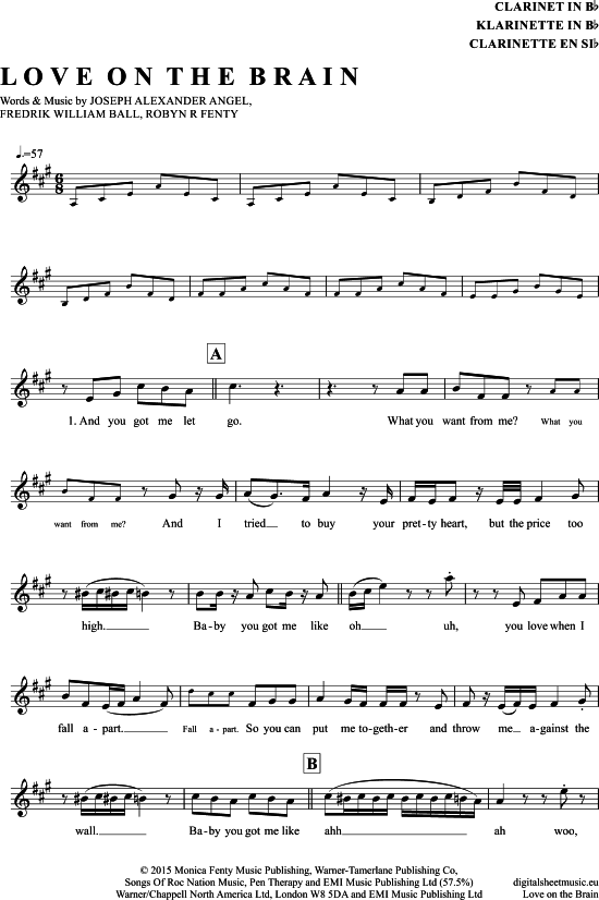 Product gallery: Page 1 of 4 Love On The Brain  , Rihanna, Clarinet in B-flat
