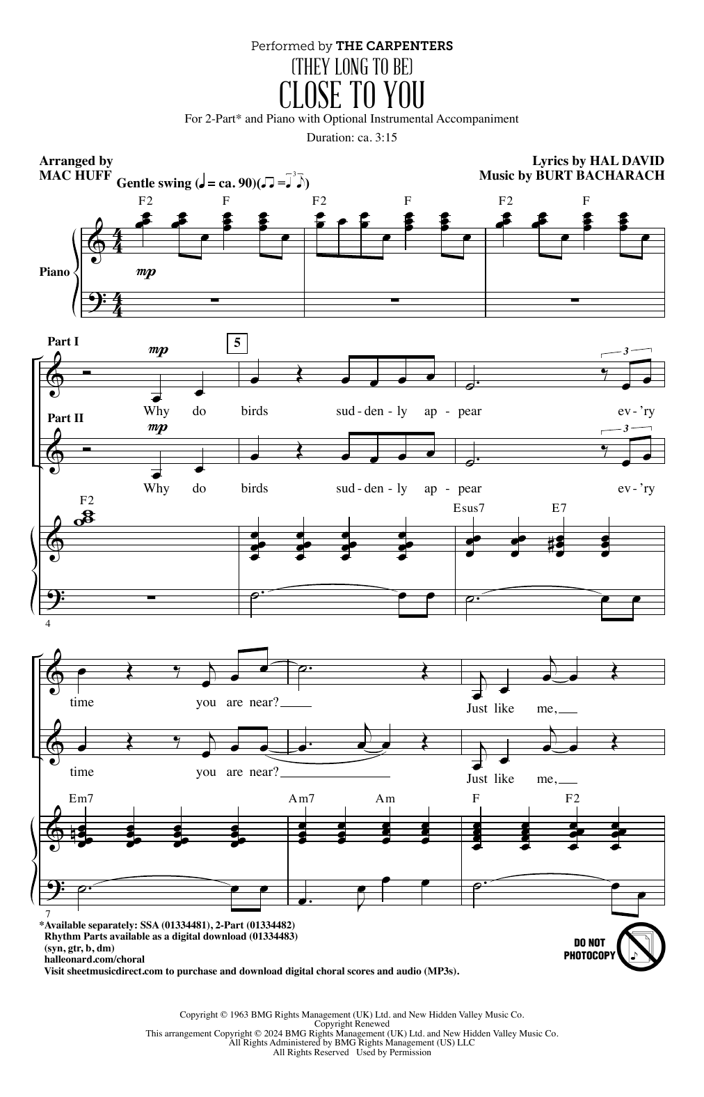 Product picture to: (They Long To Be) Close To You (arr. Mac Huff)