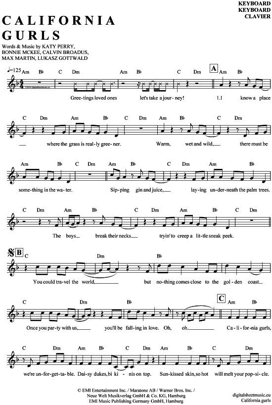 Product gallery: Page 1 of 4 California gurls , Perry, Katy, (Keyboard)