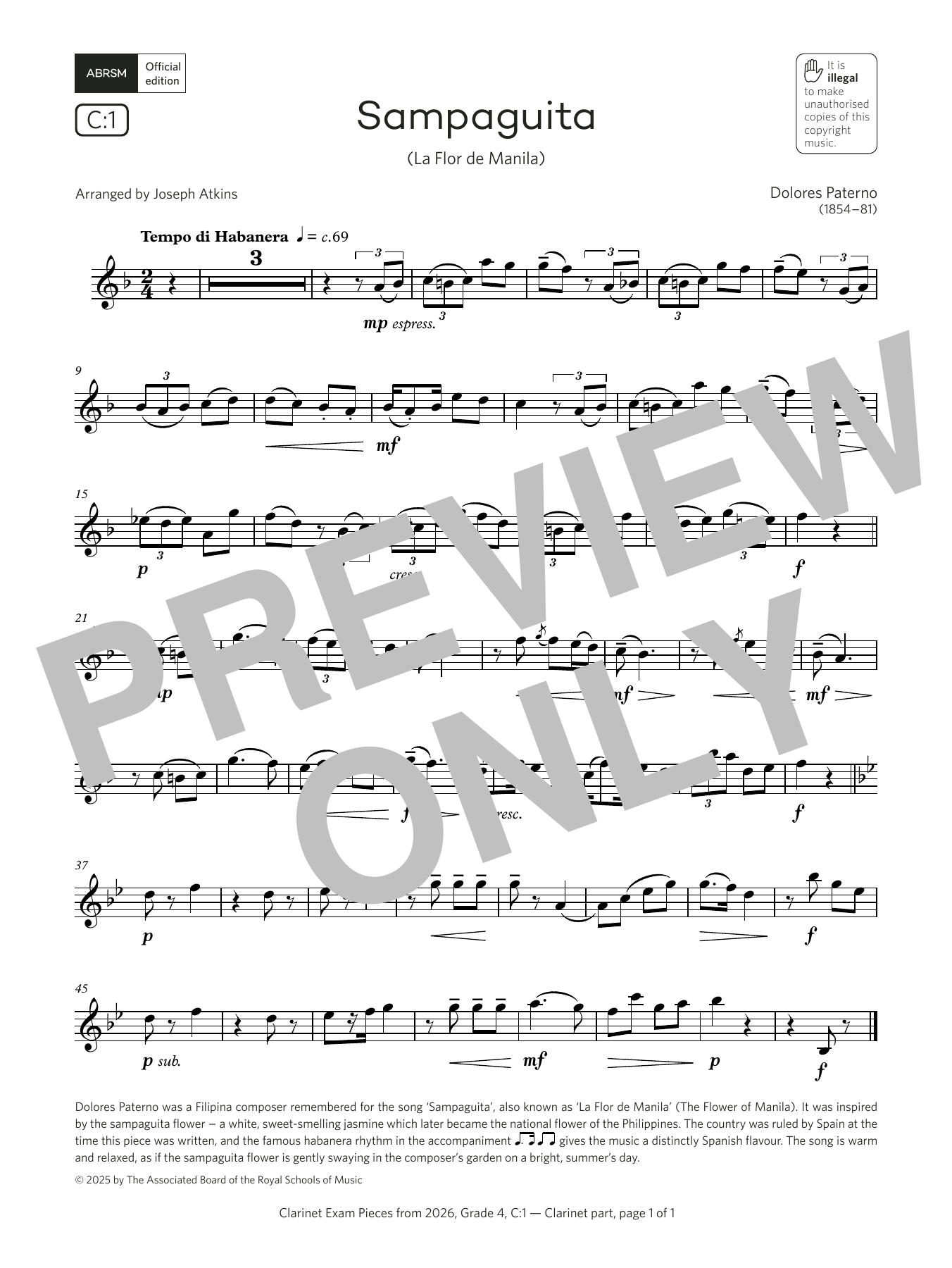 Product gallery: Page 1 of 1 Sampaguita (Grade 4, list C1, from the ABRSM Clarinet Syllabus from 2026), Dolores Paterno