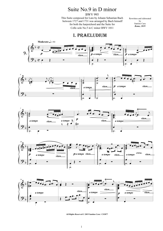 Produktbild zu: Suite No.9 in D-Moll BWV 995 - Complete Piano VersionJohann Sebastian Bach