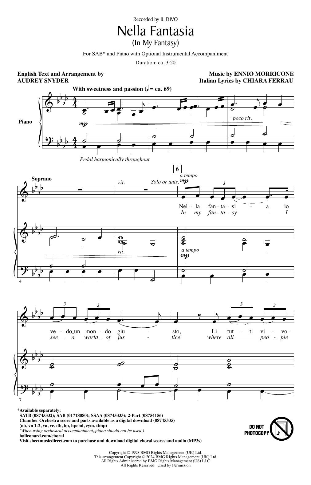 Produktbild zu: Nella Fantasia (In My Fantasy) (arr. Audrey Snyder)