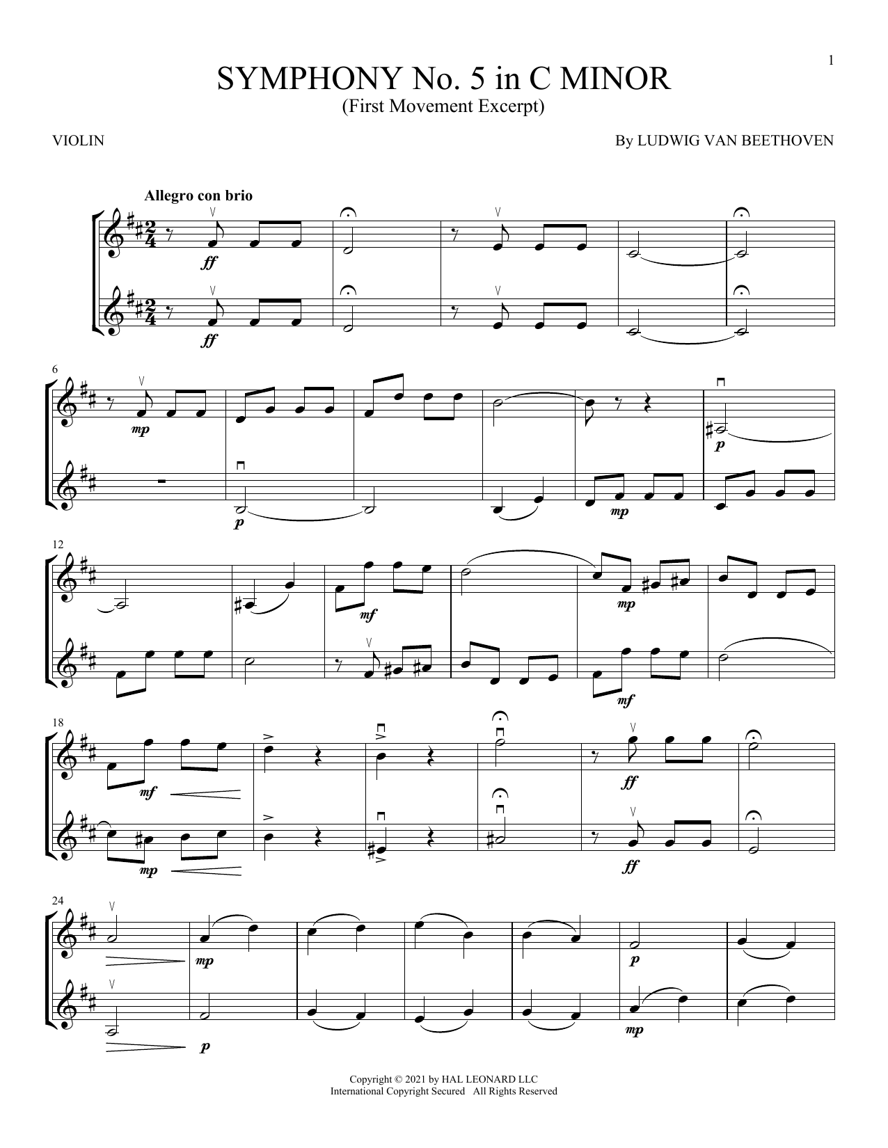Product gallery: Page 1 of 1 Symphony No. 5 In C Minor, First Movement Excerpt, Ludwig Van Beethoven