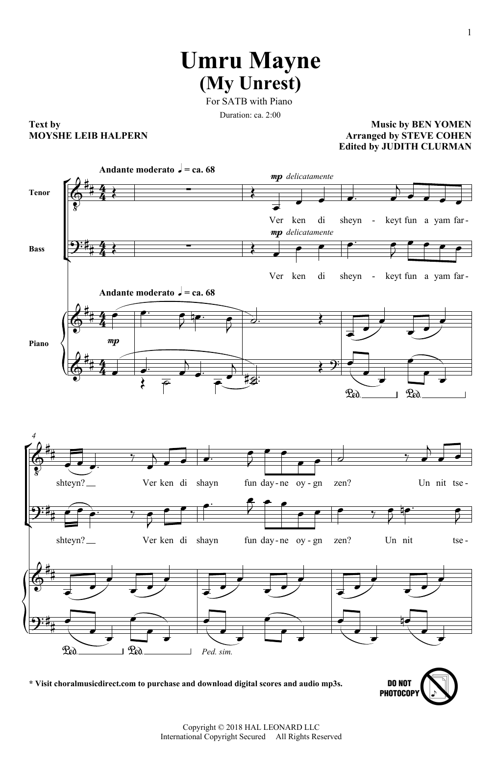 Product picture to: Umru Mayne (My Unrest) (arr. Steve Cohen)