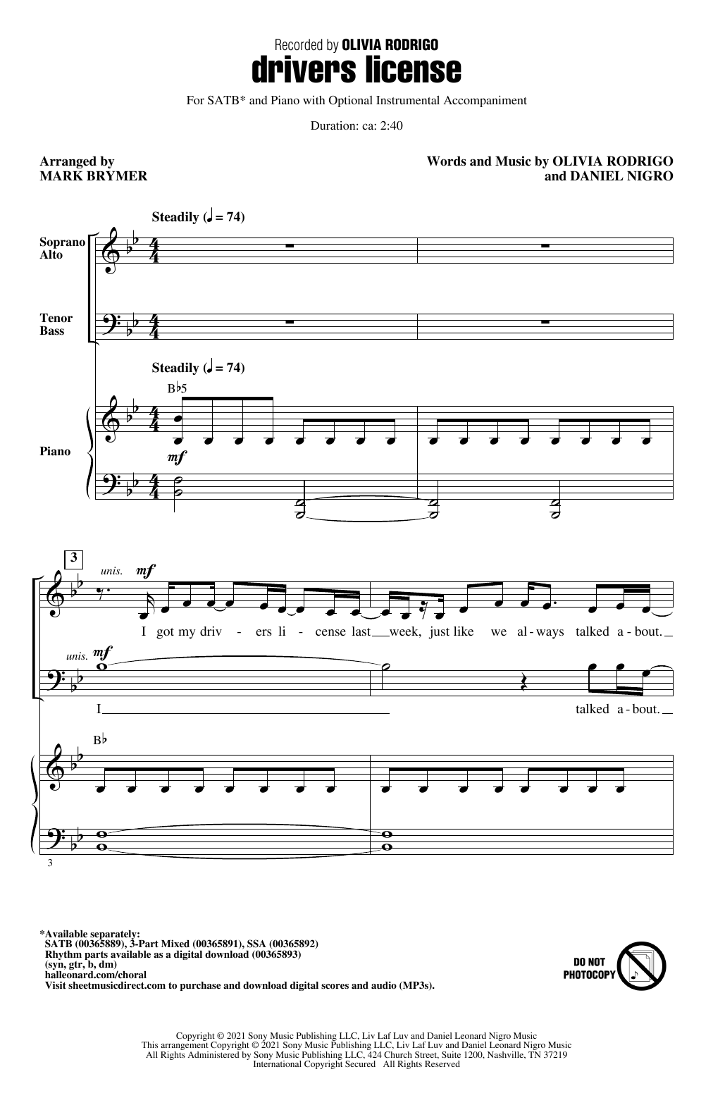 Produktbild zu: drivers license (arr. Mark Brymer)