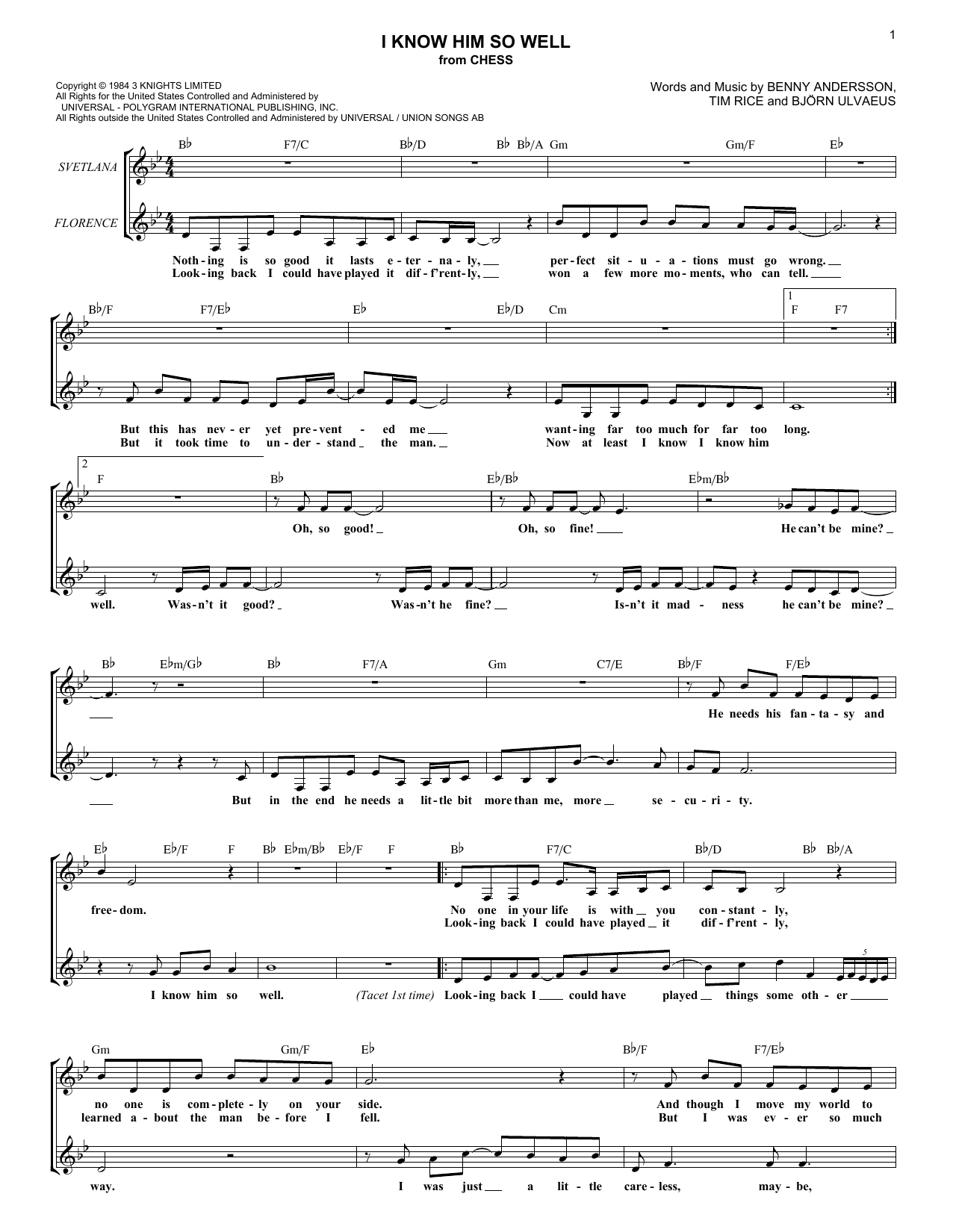 Produktgalerie: Seite 1 von 1 I Know Him So Well (from Chess), Benny Andersson, Tim Rice and Bjorn Ulvaeus, Melodieinstrument