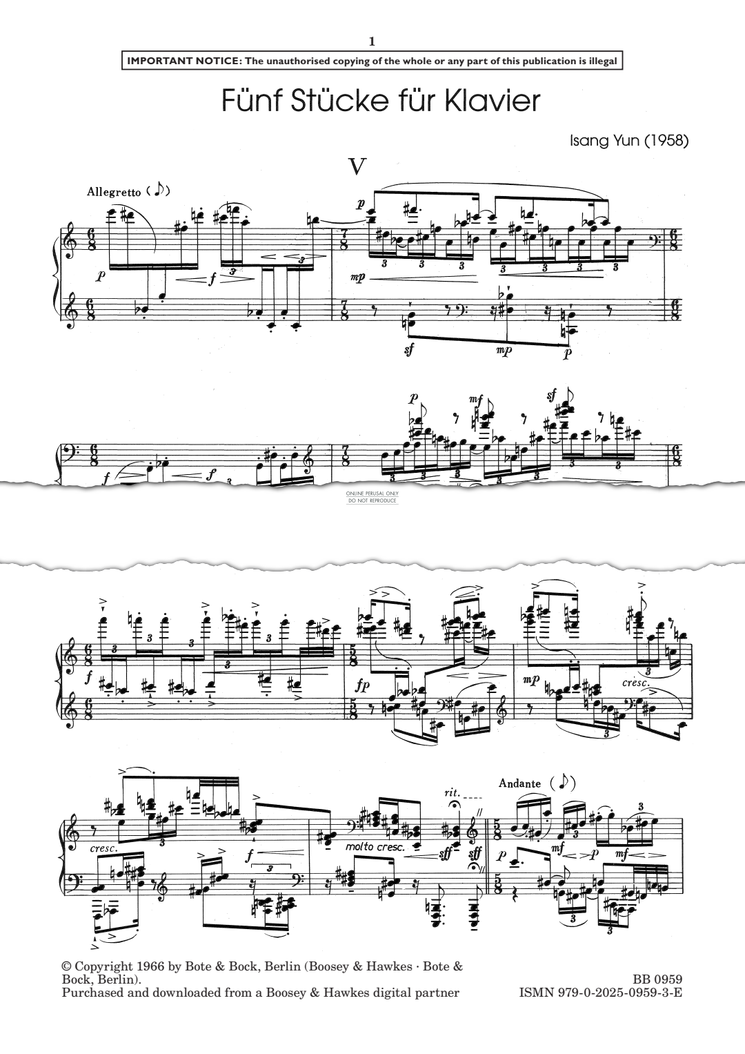 Produktgalerie: Seite 1 von 1 Fünf Stücke für Klavier - V, Isang Yun, Klavier