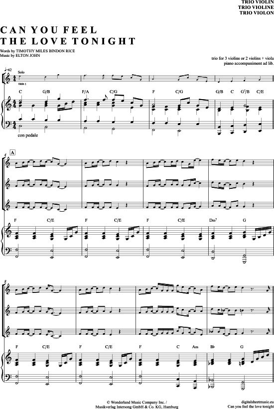Product gallery: Page 1 of 17 Can you feel the love tonight , Elton, John, (violin trio + piano)
