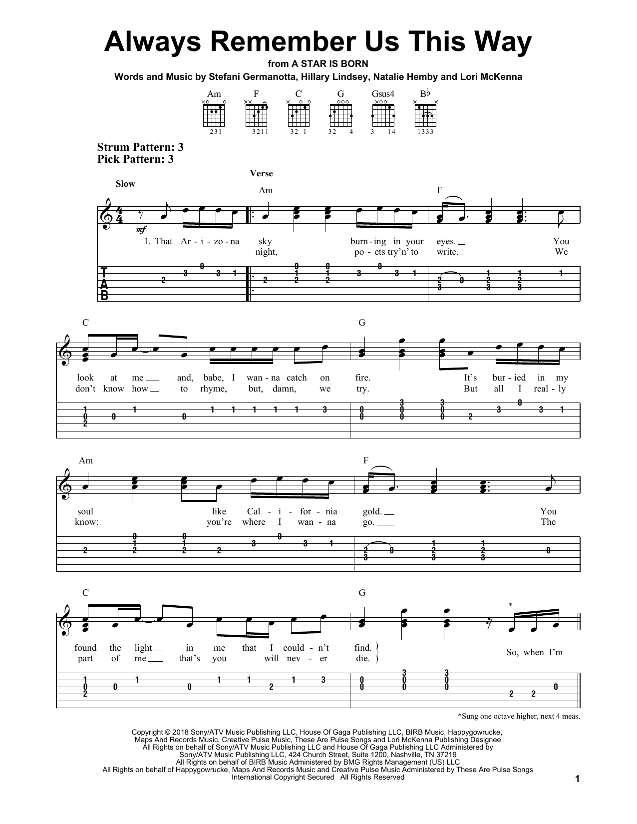 Product gallery: Page 1 of 1 Always Remember Us This Way (from A Star Is Born), Lady Gaga