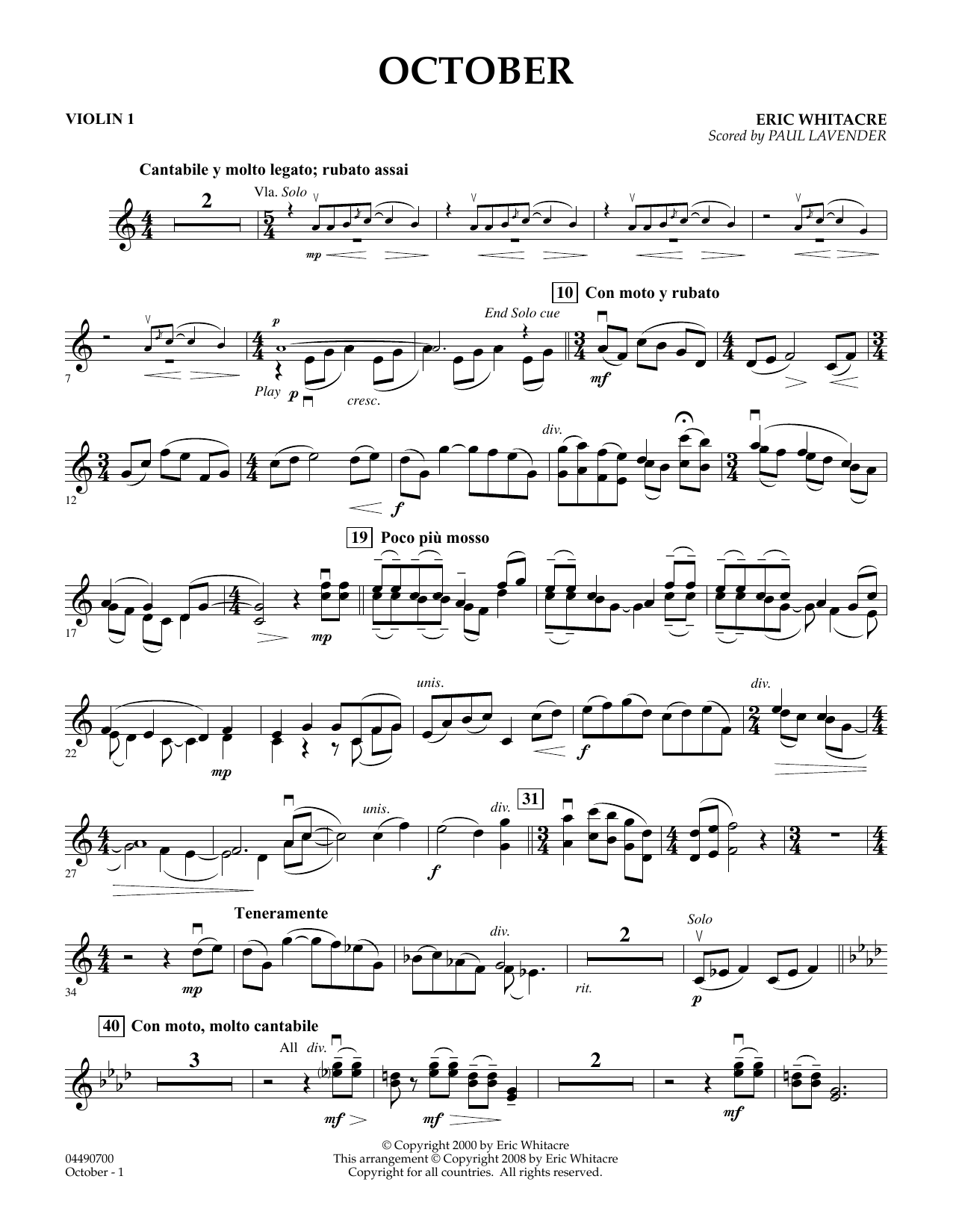 Produktbild zu: October - Violin 1 (arr. Paul Lavender)