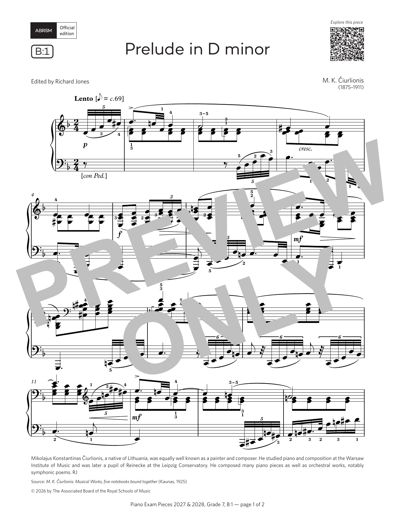 Product gallery: Page 1 of 1 Prelude in D minor (Grade 7, list B1, from the ABRSM Piano Syllabus 2027 & 2028), Mikalojus Konstantinas Ciurlionis