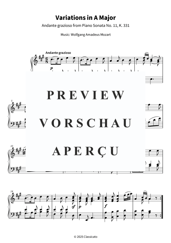Produktgalerie: Seite 5 von 11 Variations in A Major - Andante grazioso from Piano Sonata No. 11, K. 331, , Klavier Solo