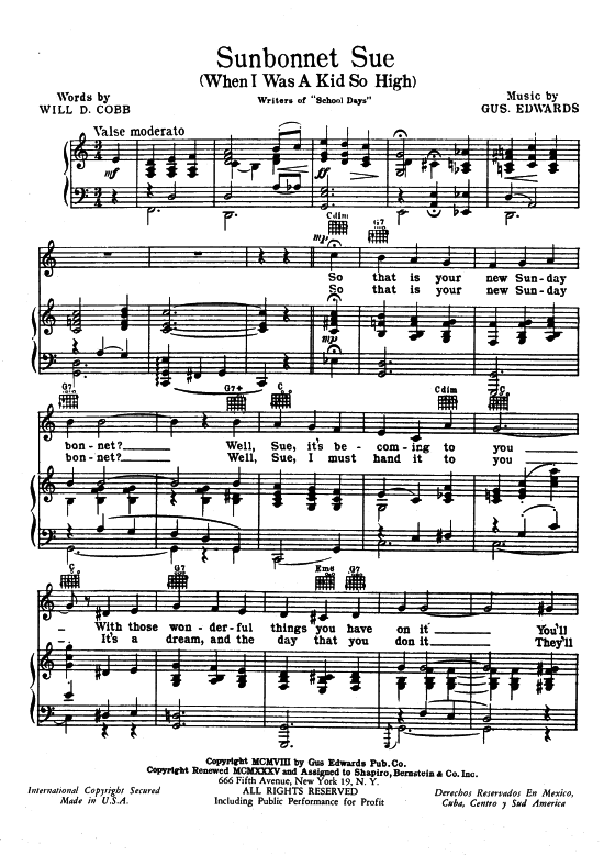 Produktbild zu: Sunbonnet Sue (When I Was A Kid So High) Popular Standard