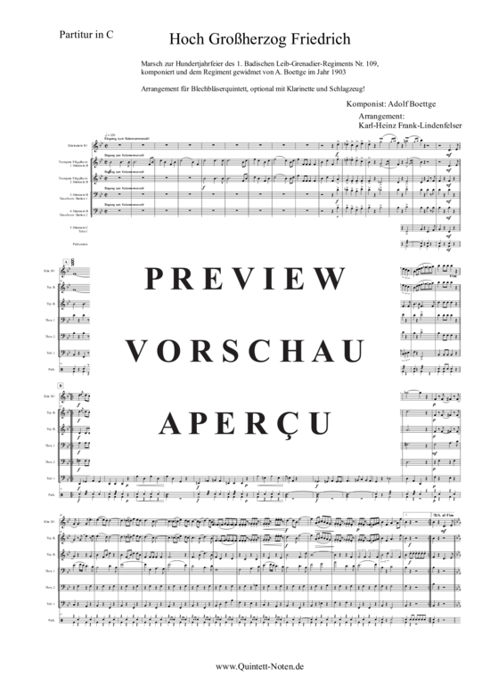 Produktgalerie: Seite 3 von 21 Hoch! Großherzog Friedrich , Blasorchester Fatamo, (Blechbläser Quintett - flexible Besetzung + Schlagzeug)