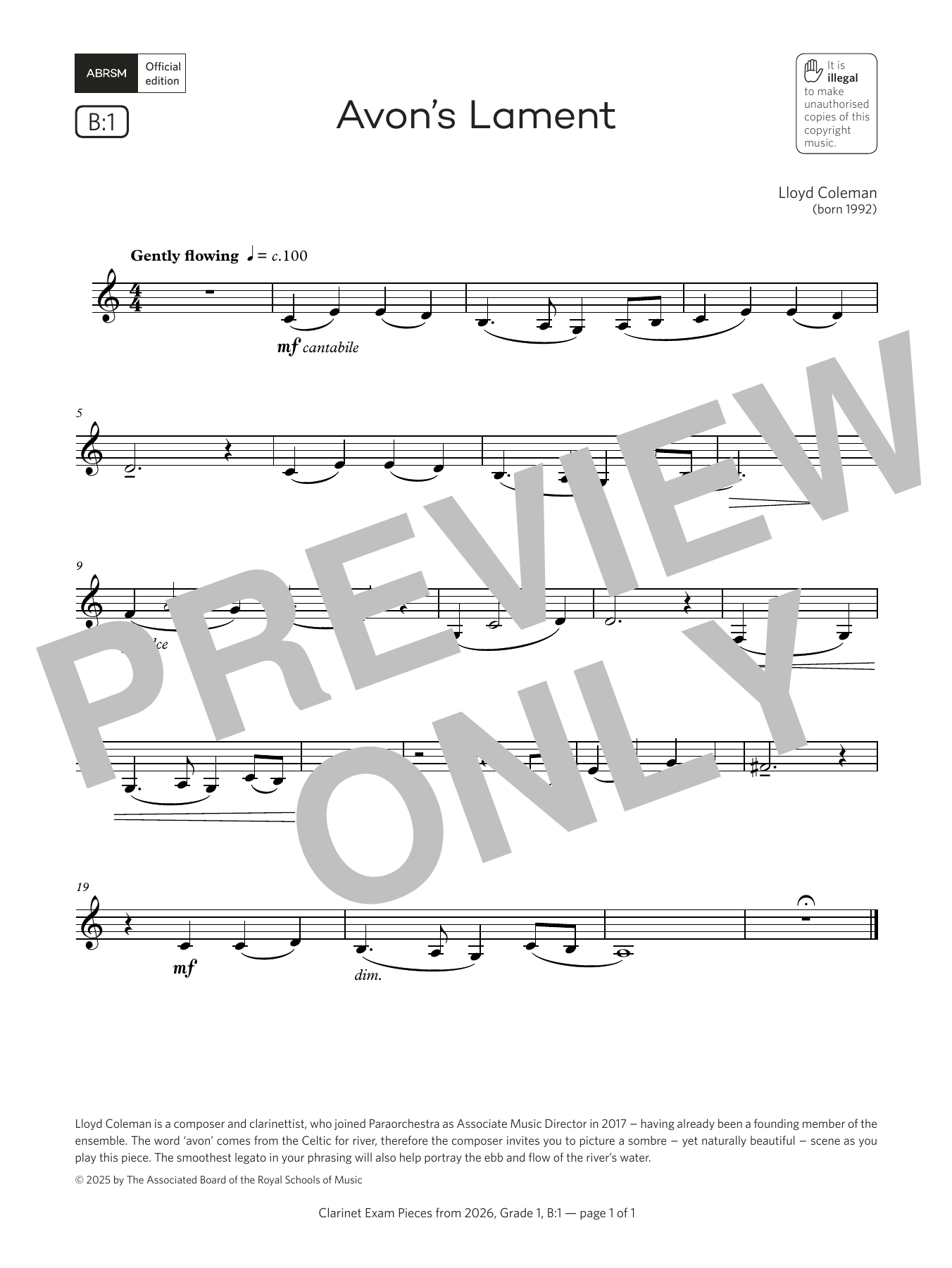 Product gallery: Page 1 of 1 Avon's Lament (Grade 1, list B1, from the ABRSM Clarinet Syllabus from 2026), Lloyd Coleman