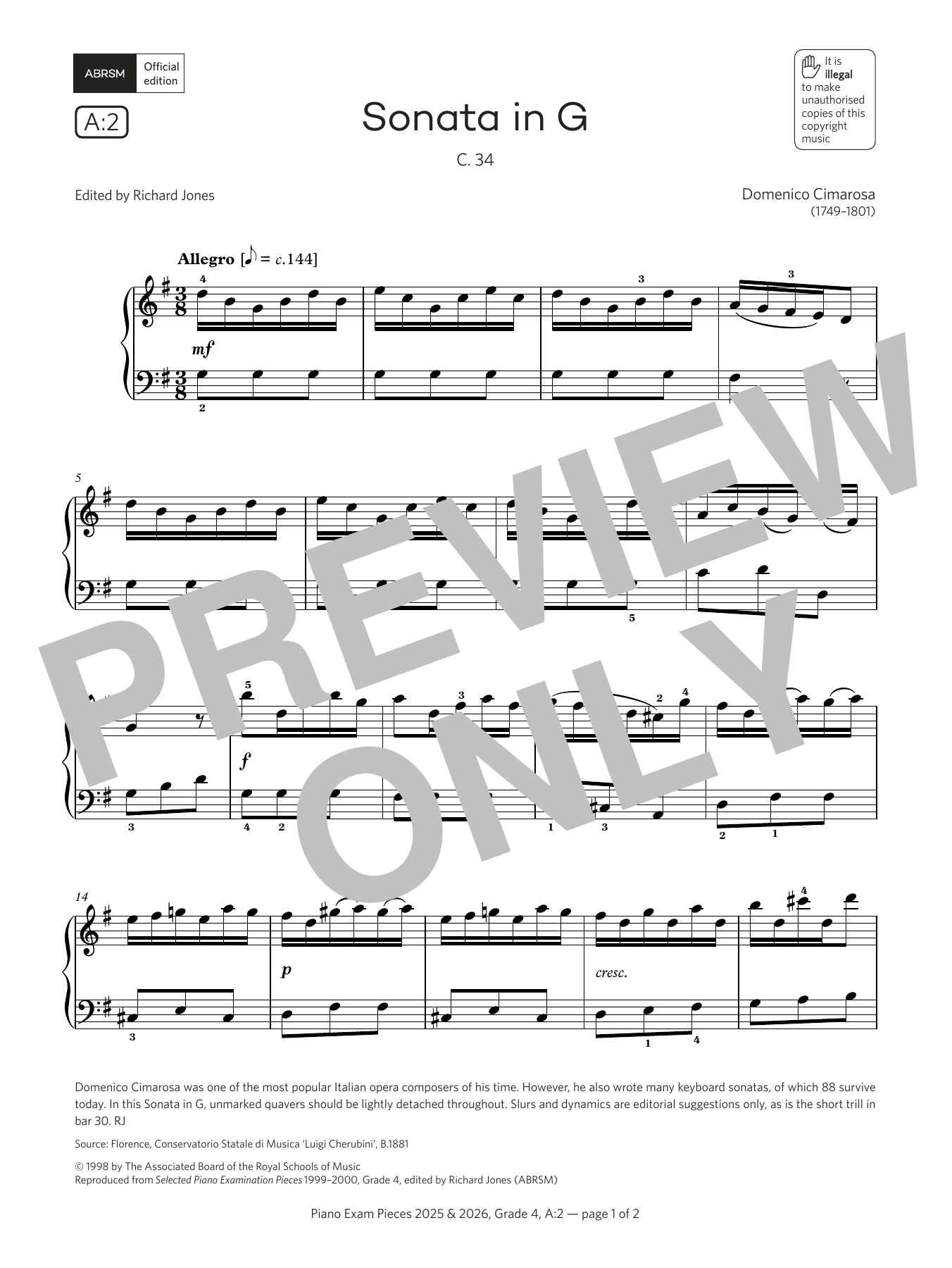 Produktbild zu:  Sonata in G (Grade 4, list A2, from the ABRSM Piano Syllabus 2025 & 2026) - Domenico Cimarosa