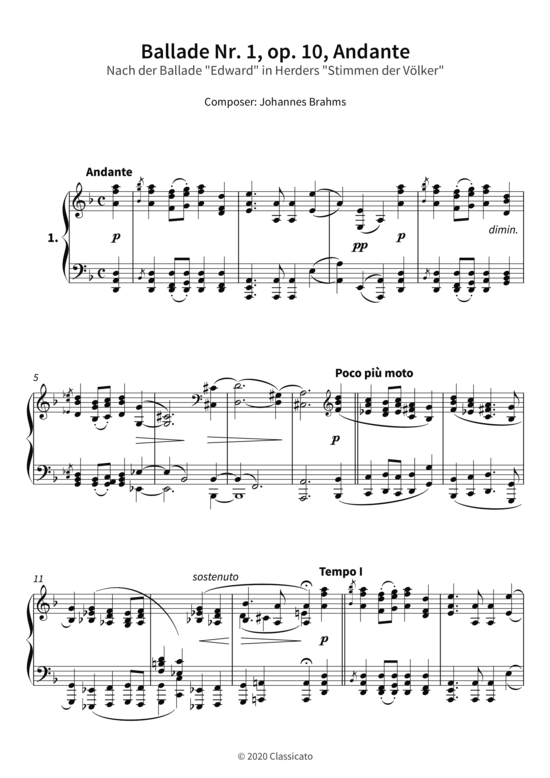 Product picture to: Ballade Nr. 1, op. 10, Andante - Nach der Ballade Edward in Herders Stimmen der Völker Johannes Brahms