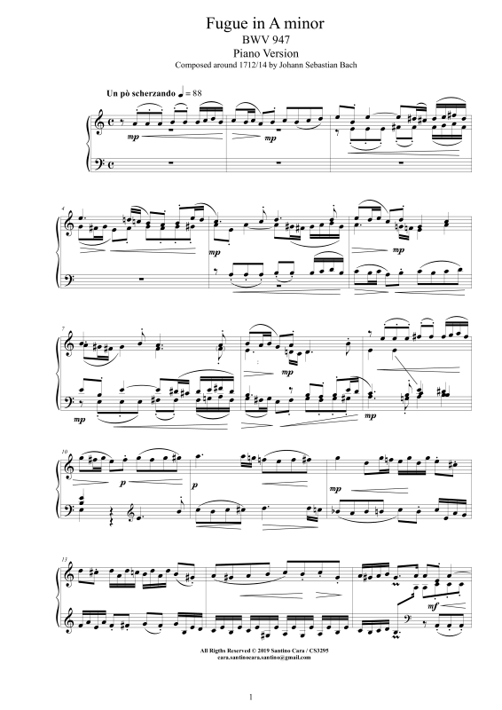 Produktbild zu: Fuge in A-Moll BWV 947 - Piano VersionJohann Sebastian Bach
