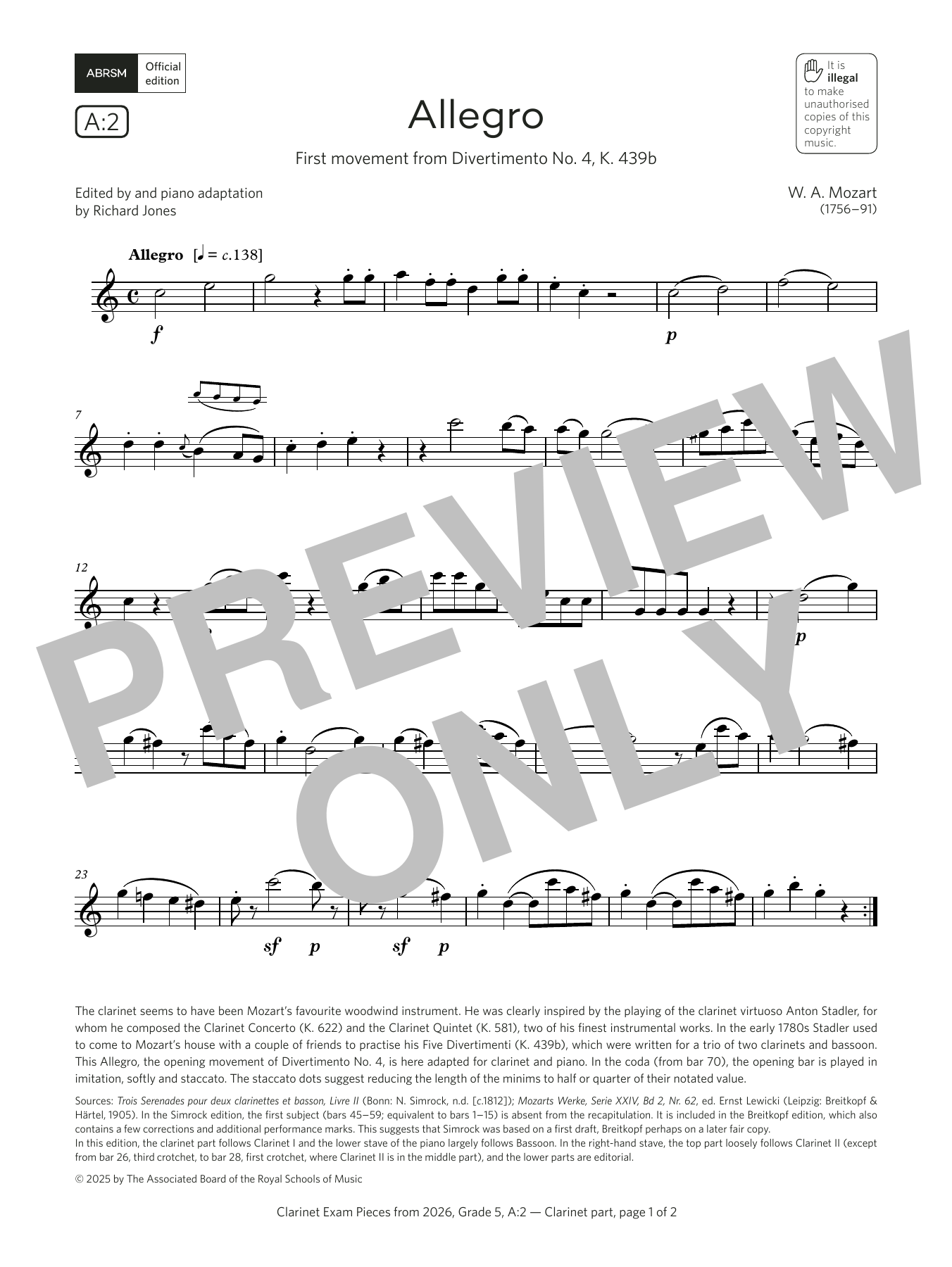 Product gallery: Page 1 of 1 Allegro (Grade 5, list A2, from the ABRSM Clarinet Syllabus from 2026), Wolfgang Amadeus Mozart