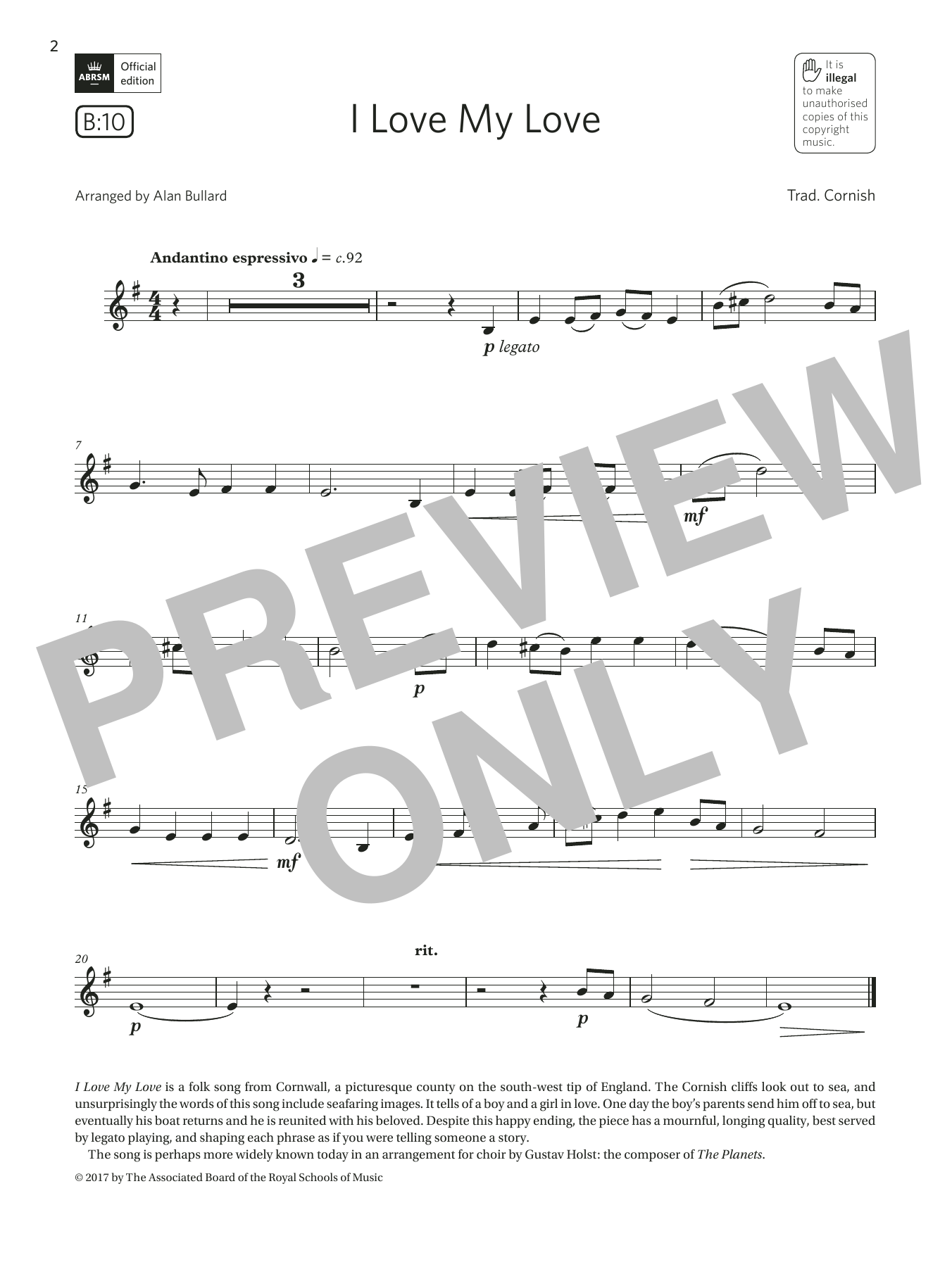 Product gallery: Page 1 of 1 I Love My Love  (Grade 2 List B10 from the ABRSM Clarinet syllabus from 2022), Trad. Cornish