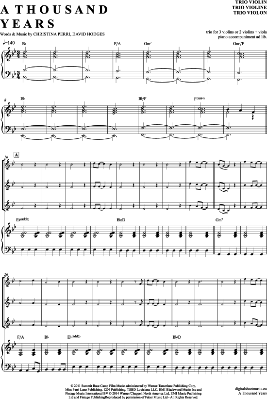 Product gallery: Page 1 of 21 A Thousand Years , Perri, Christina, (violin trio + piano)