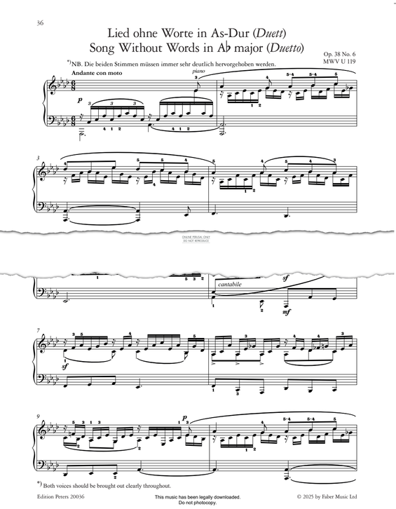 Produktgalerie: Seite 1 von 1 Song Without Words in Ab Major (Duetto) Op.38, No.6, Felix Mendelssohn, Klavier