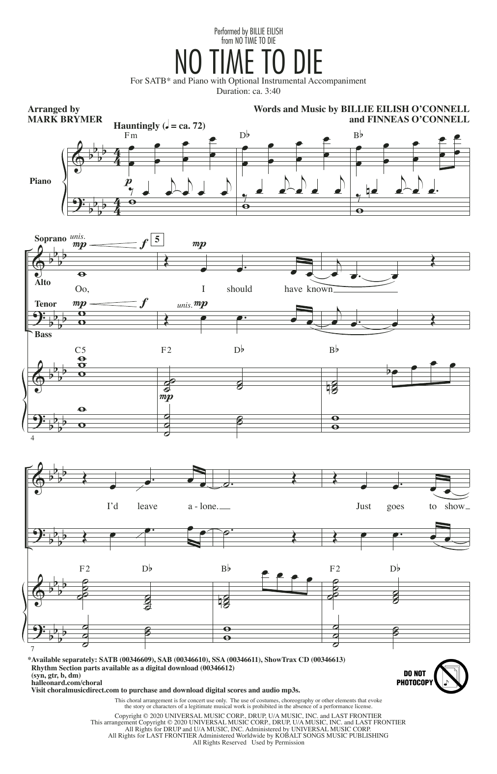 Product gallery: Page 1 of 1 No Time To Die (arr. Mark Brymer), Billie Eilish