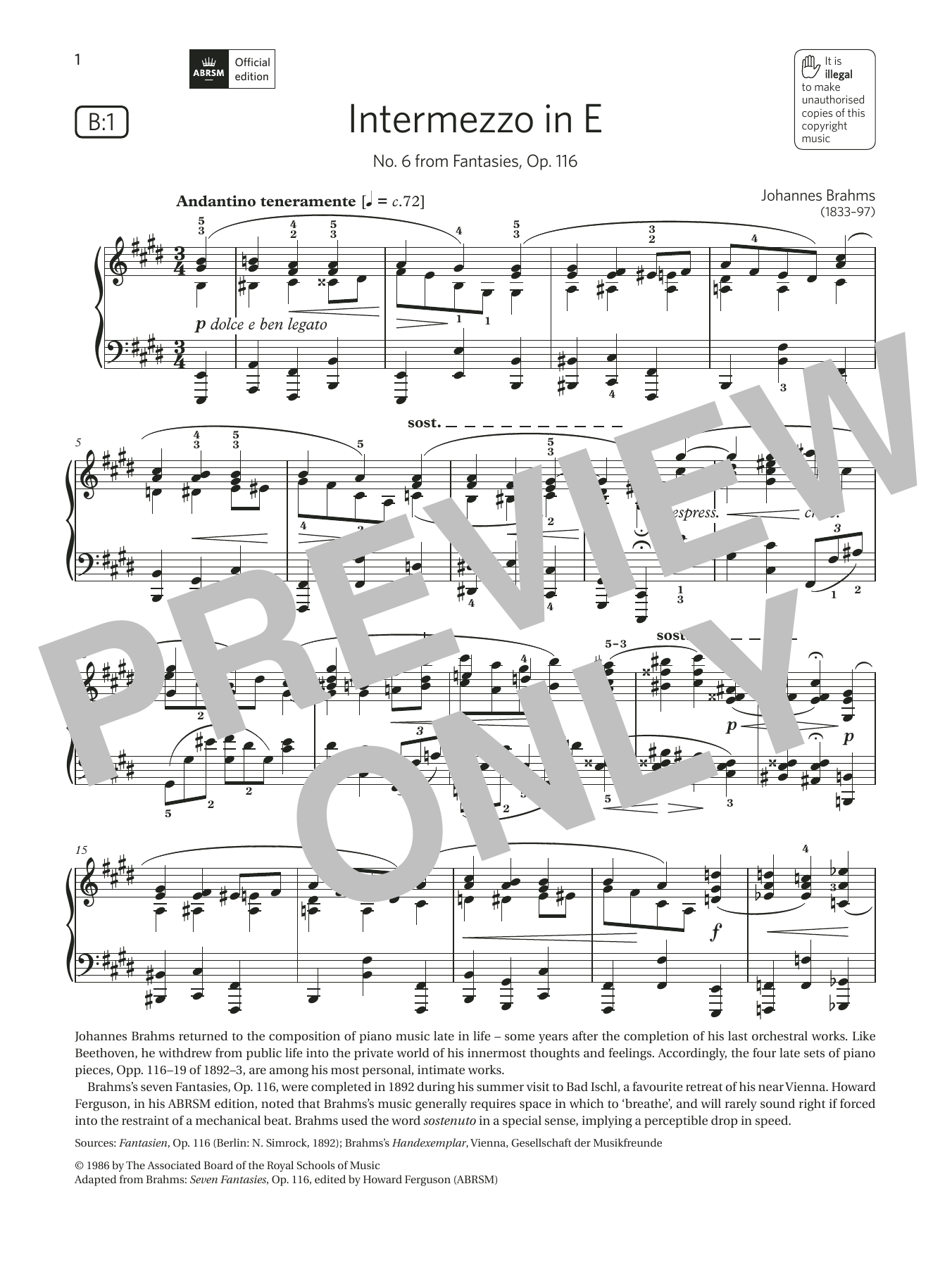 Produktgalerie: Seite 1 von 1 Intermezzo in E (Grade 8, list B1, from the ABRSM Piano Syllabus 2021 & 2022), Johannes Brahms, Klavier