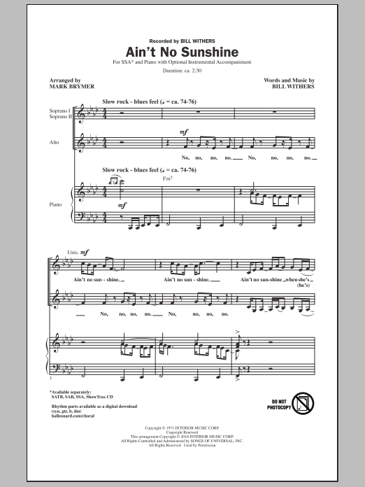 Product gallery: Page 1 of 1 Ain't No Sunshine (arr. Mark Brymer), Bill Withers