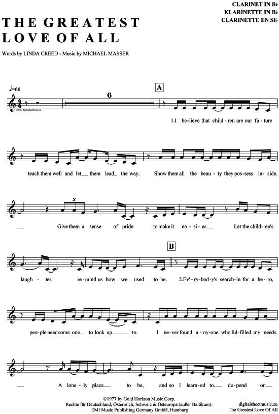 Product gallery: Page 1 of 4 The Greatest Love Of All , Houston, Whitney, Clarinet in B-flat