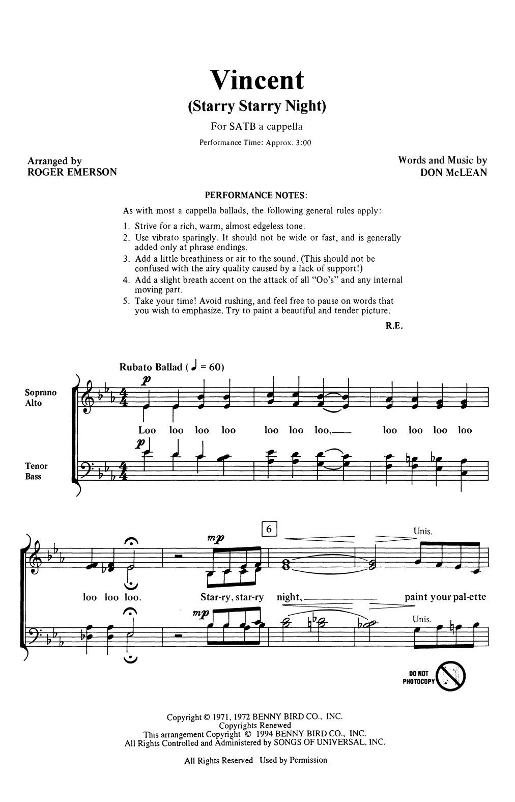 Produktbild zu: Vincent (Starry Starry Night) (arr. Roger Emerson)