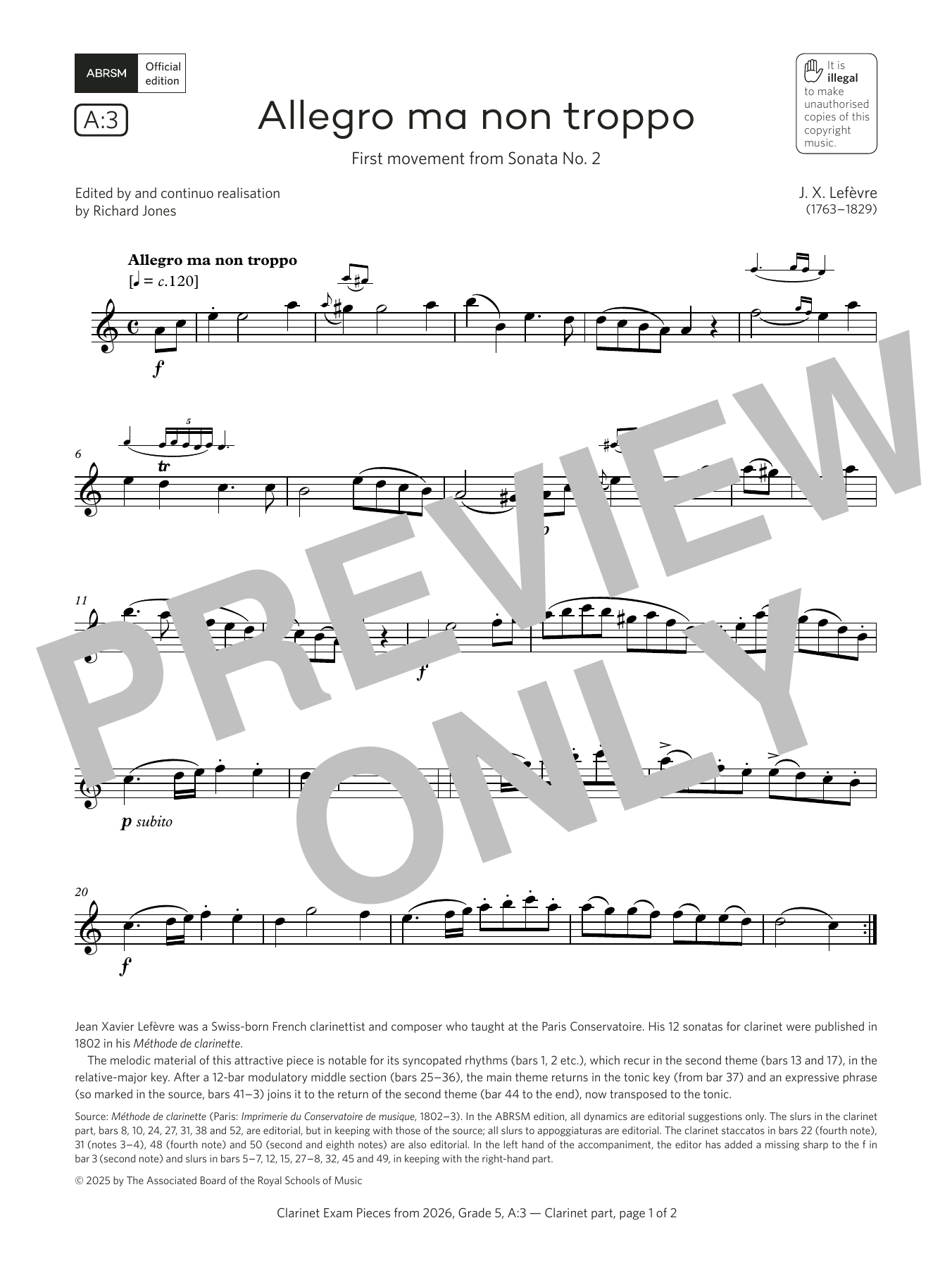 Product gallery: Page 1 of 1 Allegro ma non troppo (Grade 5, list A3, from the ABRSM Clarinet Syllabus from 2026), Jean Xavier Lefèvre