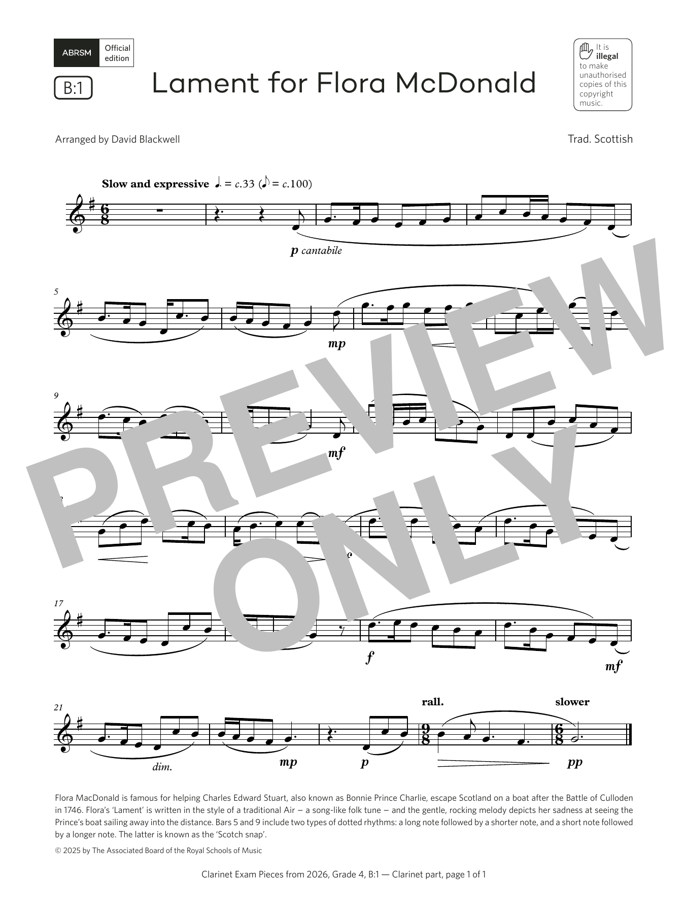 Product gallery: Page 1 of 1 Lament for Flora McDonald (Grade 4, list B1, from the ABRSM Clarinet Syllabus from 2026), David Blackwell