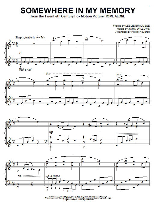 Product gallery: Page 1 of 1 Somewhere In My Memory (arr. Phillip Keveren), John Williams