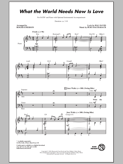 Produktgalerie: Seite 1 von 1 What The World Needs Now Is Love (arr. Roger Emerson), Bacharach & David, Chor