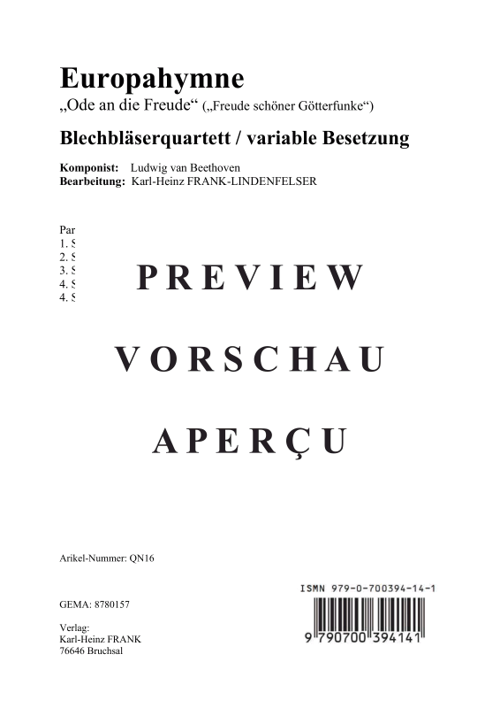 Produktgalerie: Seite 2 von 11 Europahymne (aus Ode an die Freude) , , flexibles Blechbläserquartett
